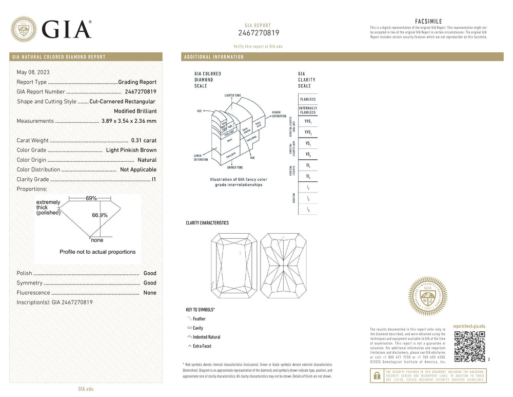GIA Certified 0.31 CT Radiant Shape Natural Diamond Pinkish Brown Color I1 Clarity (3.89 MM)