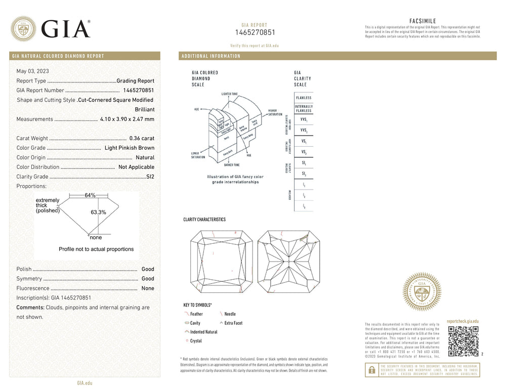 GIA Certified 0.36 CT Radiant Shape Natural Diamond Pinkish Brown Color SI2 Clarity (4.10 MM)