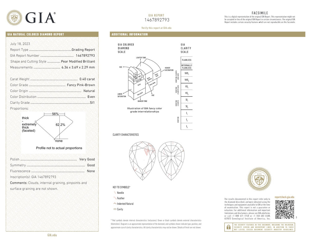 GIA Certified 0.40 CT Pear Diamond Pink Brown Color Natural Loose Diamond (6.36 MM)