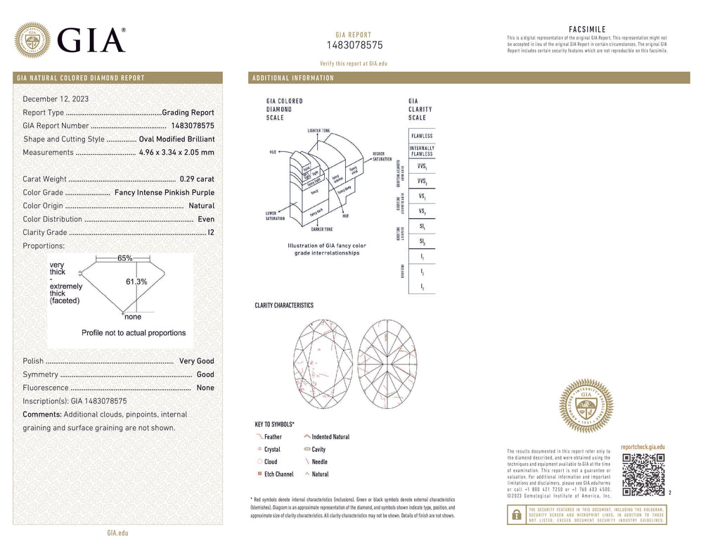 GIA Certified 0.29 CT Oval Shape Natural Diamond Pinkish Purple Color I2 Clarity (4.96 MM)