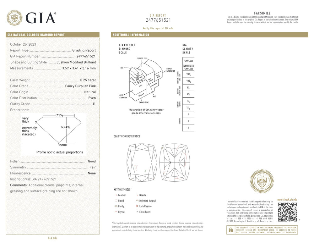 GIA Certified 0.25 CT Cushion Diamond Purplish Pink Color Natural Loose Diamond I1 Clarity (3.59 MM)