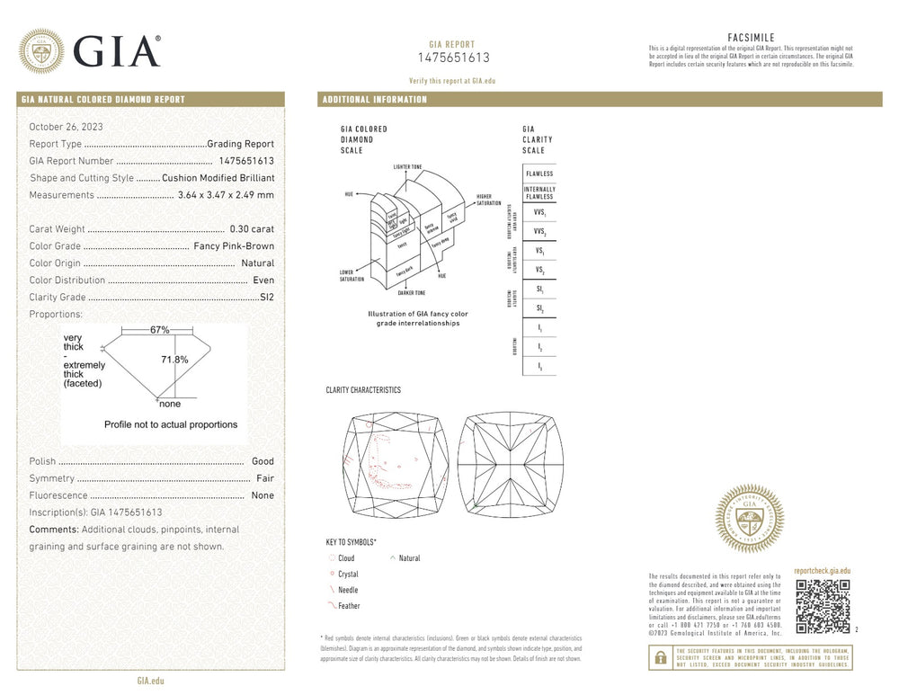 GIA Certified 0.30 CT Cushion Diamond Pink Brown Color Natural Loose Diamond SI2 Clarity (3.64 MM)