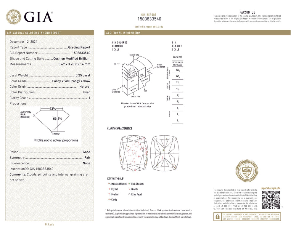 GIA Certified 0.25 CT Cushion Diamond Orange Yellow Color Natural Diamond I1 Clarity (3.67 MM)