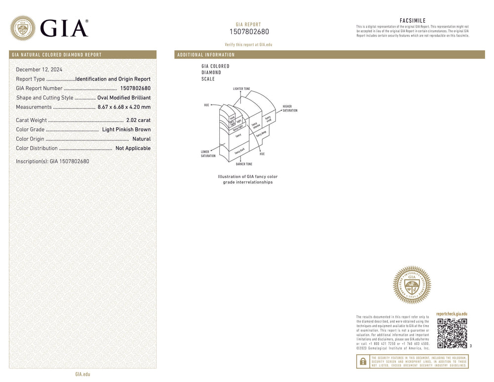 GIA Certified 2.02 CT Oval Shape Natural Diamond Pinkish Brown Color (8.67 MM)