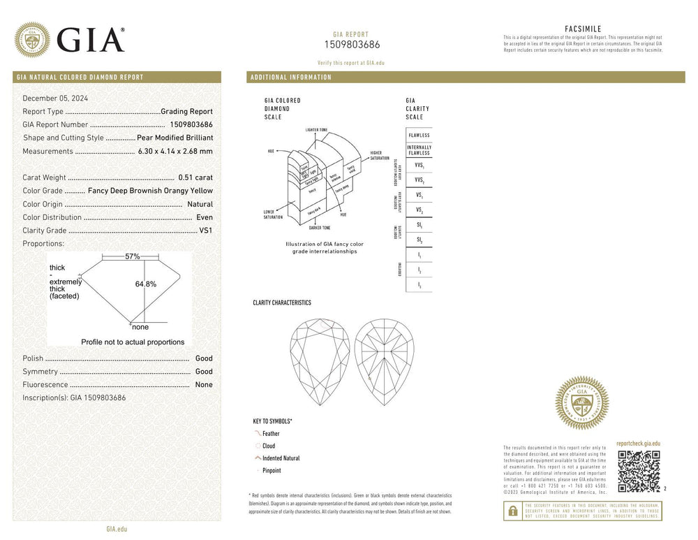 GIA Certified 0.51 CT Pear Diamond Brownish Orangy Yellow Color VS1 Clarity (6.30 MM)