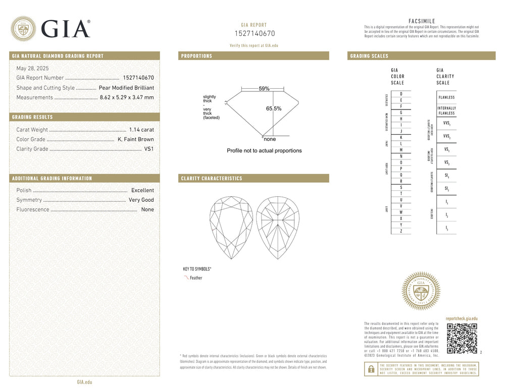 GIA Certified 1.14 CT Pear Natural Diamond Brown Color VS1 Clarity (8.62 MM)