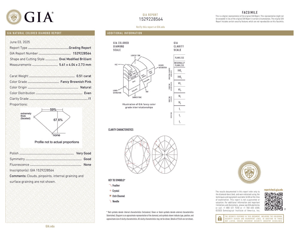 GIA Certified 0.51 CT Oval Shape Natural Diamond Brownish Pink Color (5.61 MM)