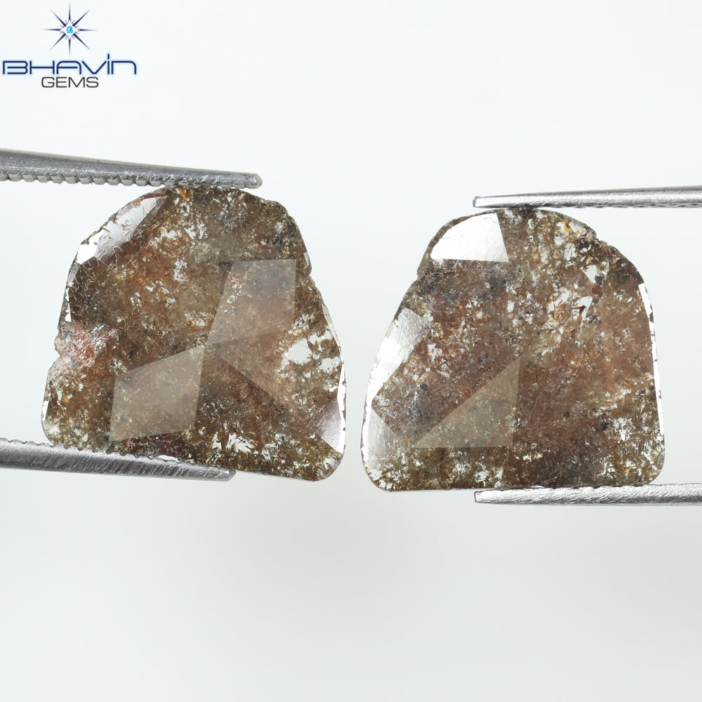 4.09 CT /2 PCS Uncut Slice Shape Natural Diamond Brown Color I3 Clarity (12.97 MM)