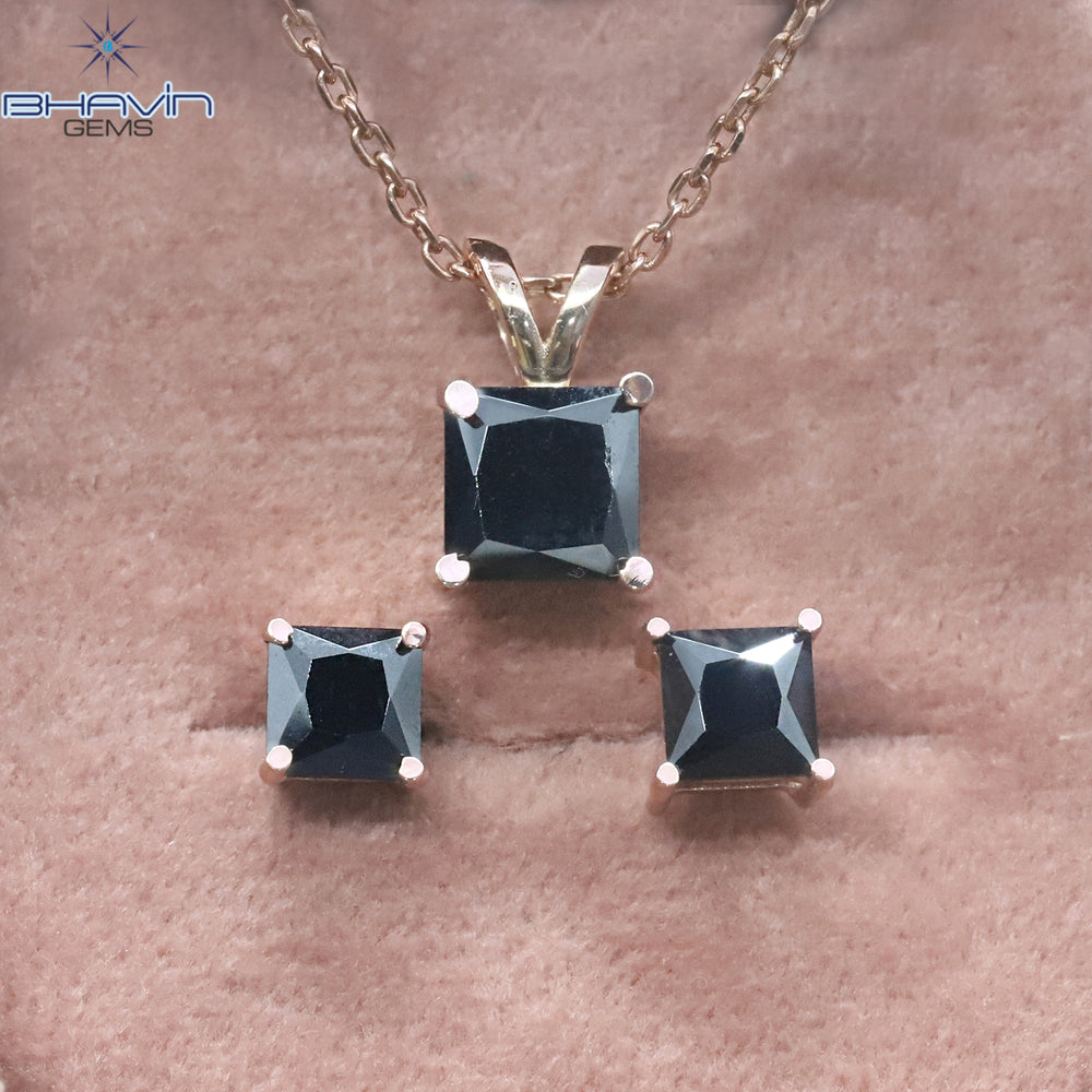 Diamond Pendant-Earring Princess Diamond Black Diamond Yellow Gold Bridal Necklace