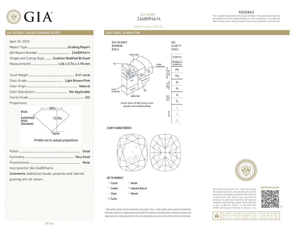 GIA Certified 0.41 CT Cushion Diamond Pink Brown Color Natural Loose Diamond SI2 Clarity (4.06 MM)