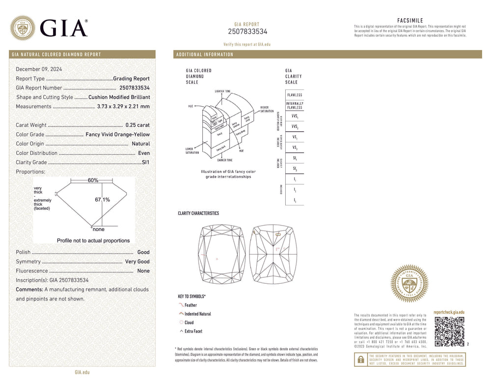 GIA Certified 0.25 CT Cushion Diamond Orange Yellow Color Natural Diamond SI1 Clarity (3.73 MM)