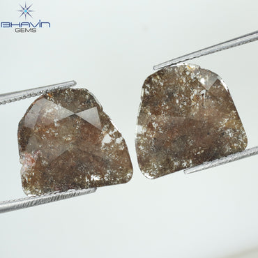 4.09 CT /2 PCS Uncut Slice Shape Natural Diamond Brown Color I3 Clarity (12.97 MM)