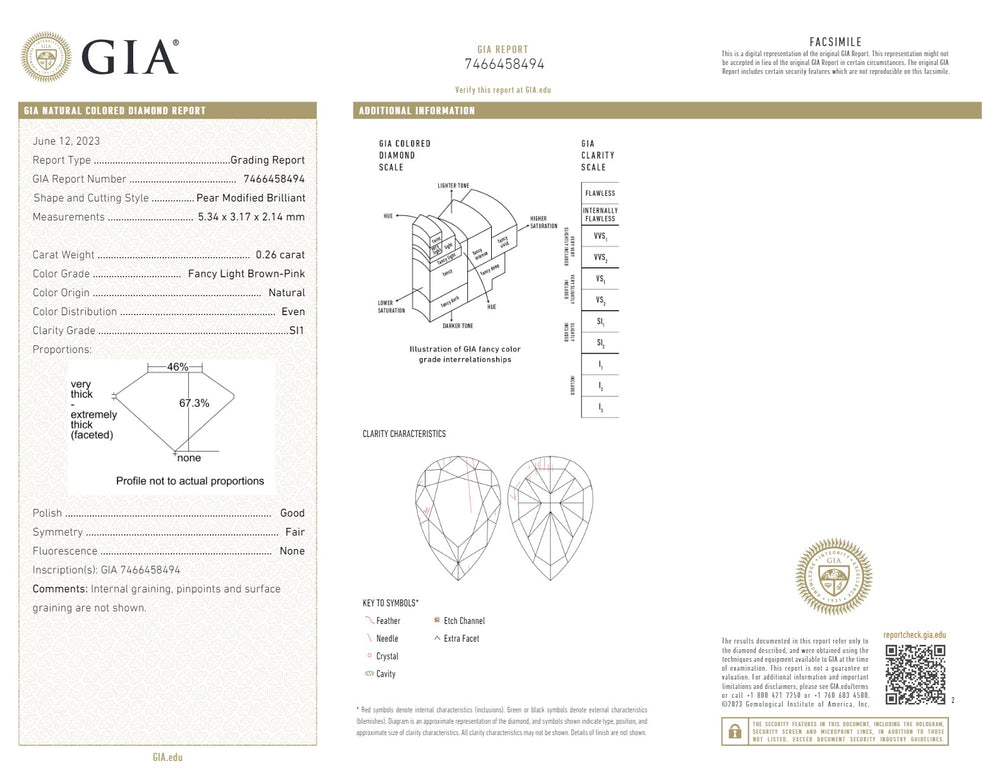 GIA Certified 0.26 CT Pear Diamond Brown Pink Color Natural Loose Diamond (5.34 MM)