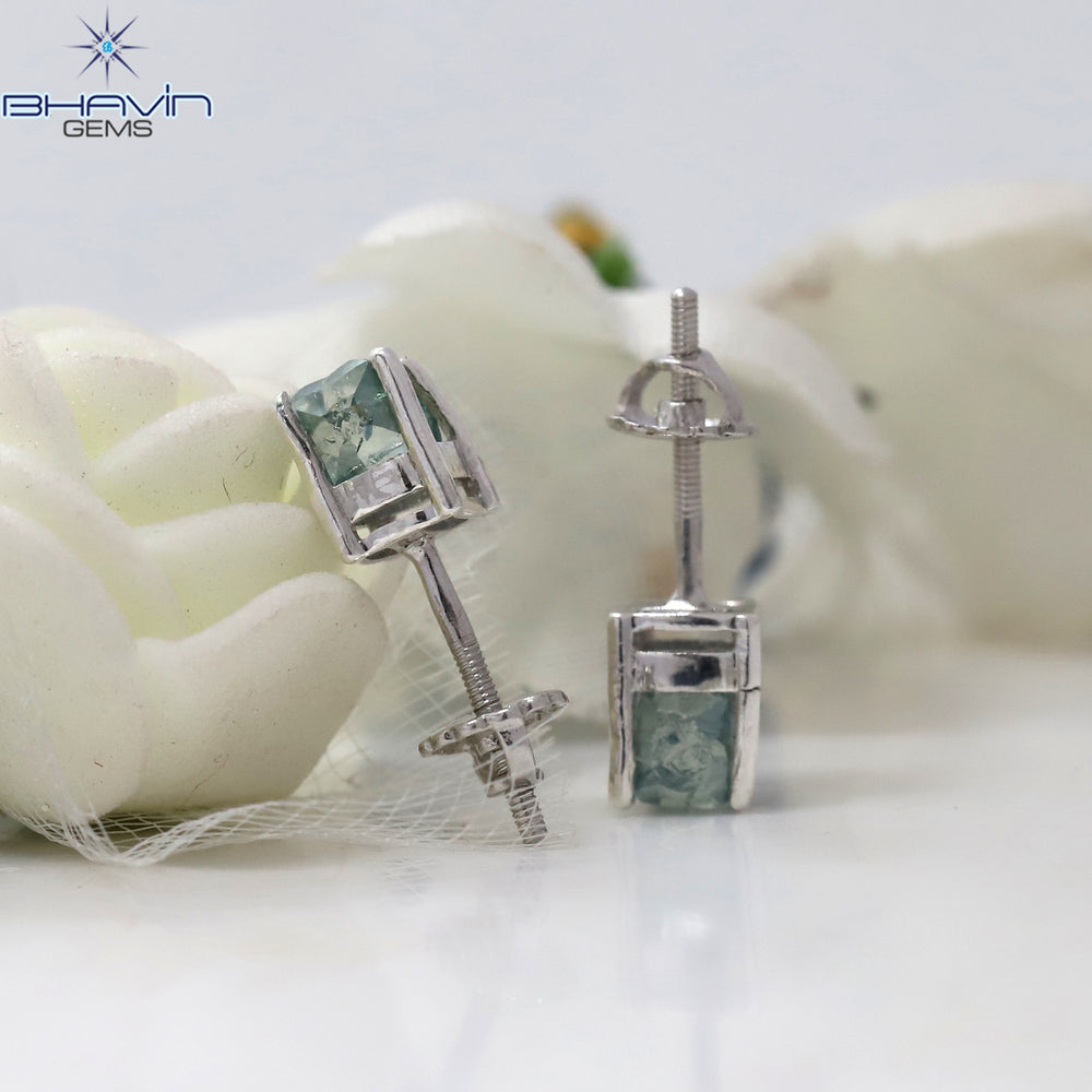 Rough Diamond White Gold Stud Earring Blue Diamond Natural Loose Diamond Earring