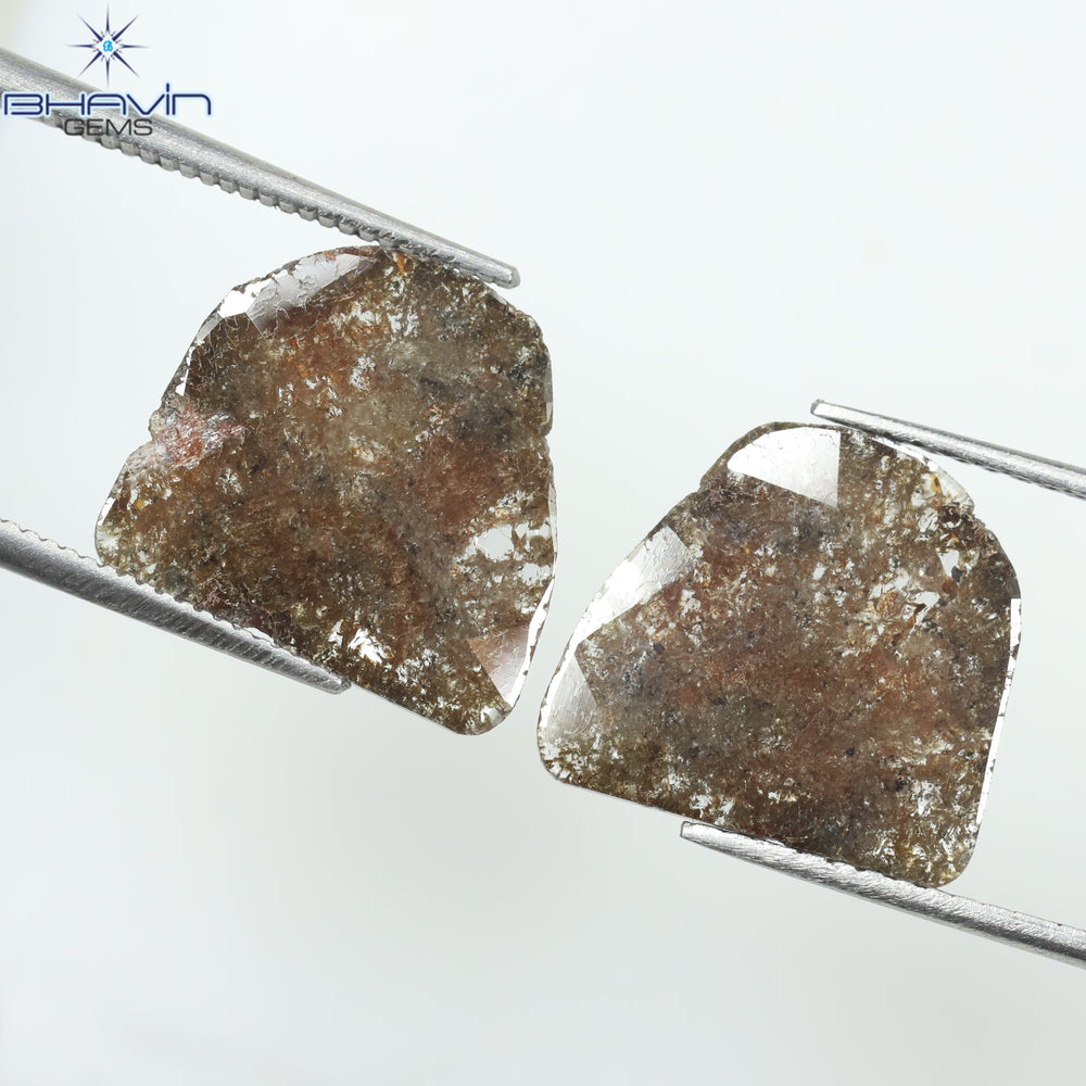 4.09 CT /2 PCS Uncut Slice Shape Natural Diamond Brown Color I3 Clarity (12.97 MM)