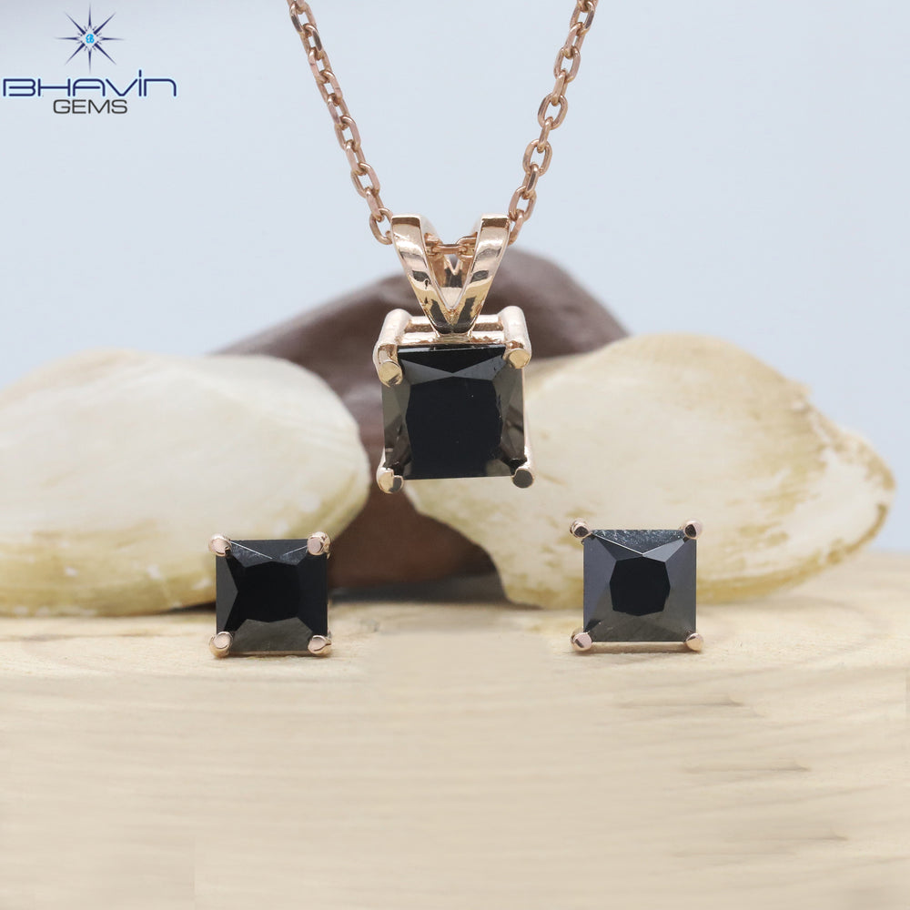 Diamond Pendant-Earring Princess Diamond Black Diamond Yellow Gold Bridal Necklace