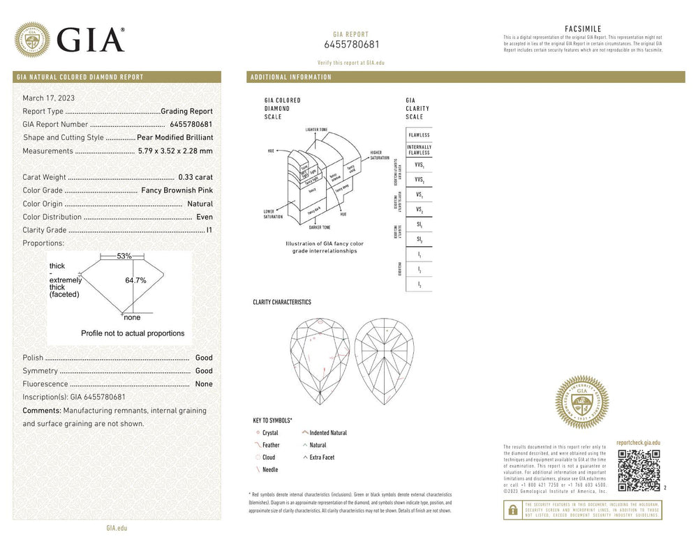GIA Certified 0.33 CT Pear Diamond Brownish Pink Color Natural Loose Diamond (5.79 MM)