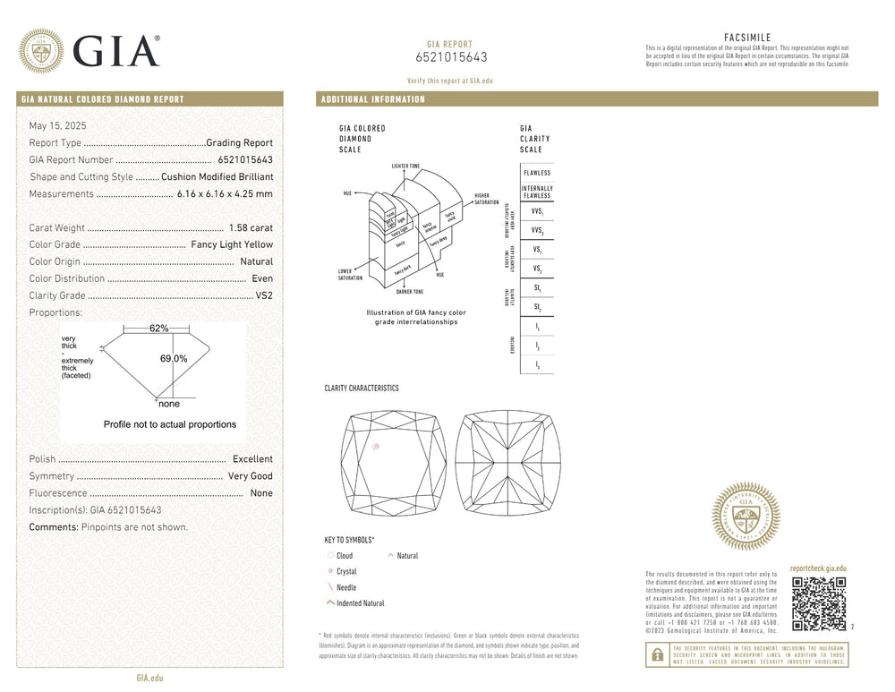 GIA Certified 1.58 CT Cushion Diamond Yellow Color Natural Diamond VS2 Clarity (6.16 MM)