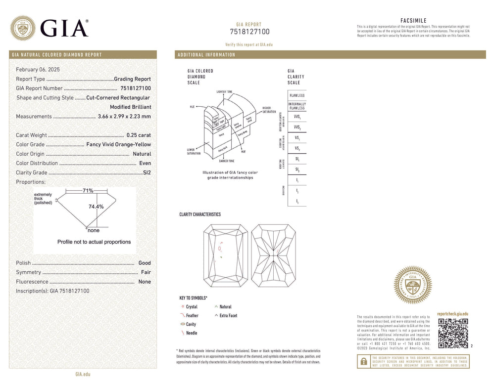 GIA Certified 0.25 CT Radiant Diamond Orange-Yellow Color Natural Diamond SI2 Clarity (3.66 MM)