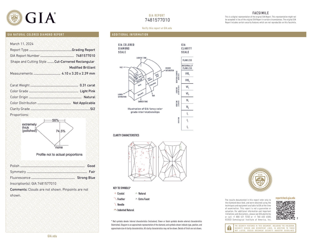 GIA Certified 0.41 CT Radiant Shape Natural Diamond Pink Color SI2 Clarity (4.10 MM)