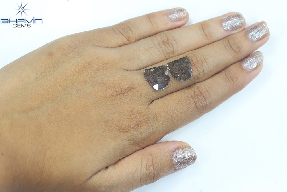 4.09 CT /2 PCS Uncut Slice Shape Natural Diamond Brown Color I3 Clarity (12.97 MM)