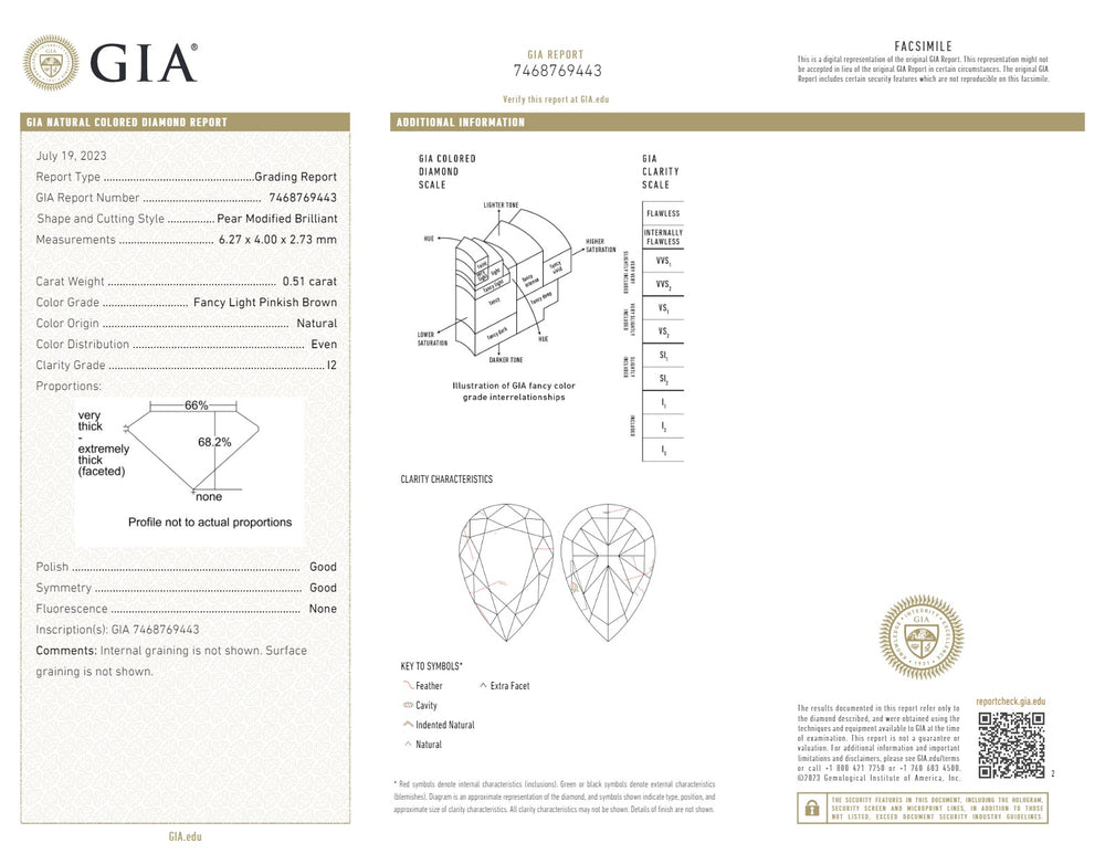 GIA Certified 0.51 CT Pear Diamond Pinkish Brown Color Natural Loose Diamond (6.27 MM)
