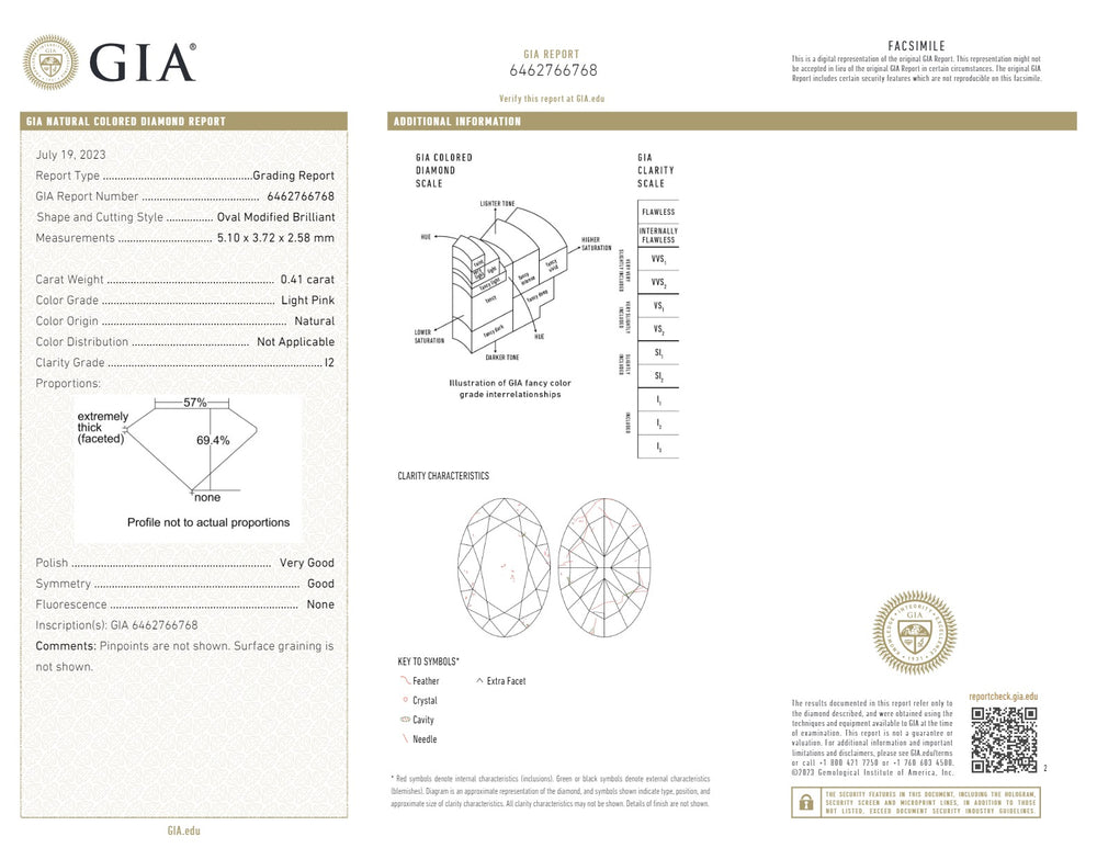 GIA Certified 0.41 CT Oval Shape Natural Diamond Pink Color I2 Clarity (5.10 MM)