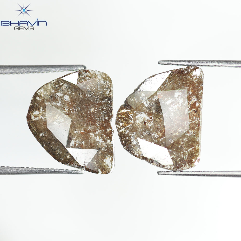 3.68 CT /2 PCS Uncut Slice Shape Natural Diamond Brown Color I3 Clarity (13.89 MM)