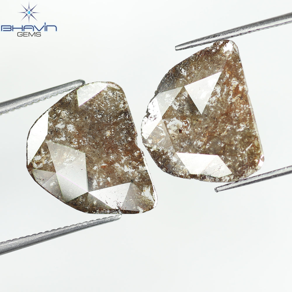 3.68 CT /2 PCS Uncut Slice Shape Natural Diamond Brown Color I3 Clarity (13.89 MM)