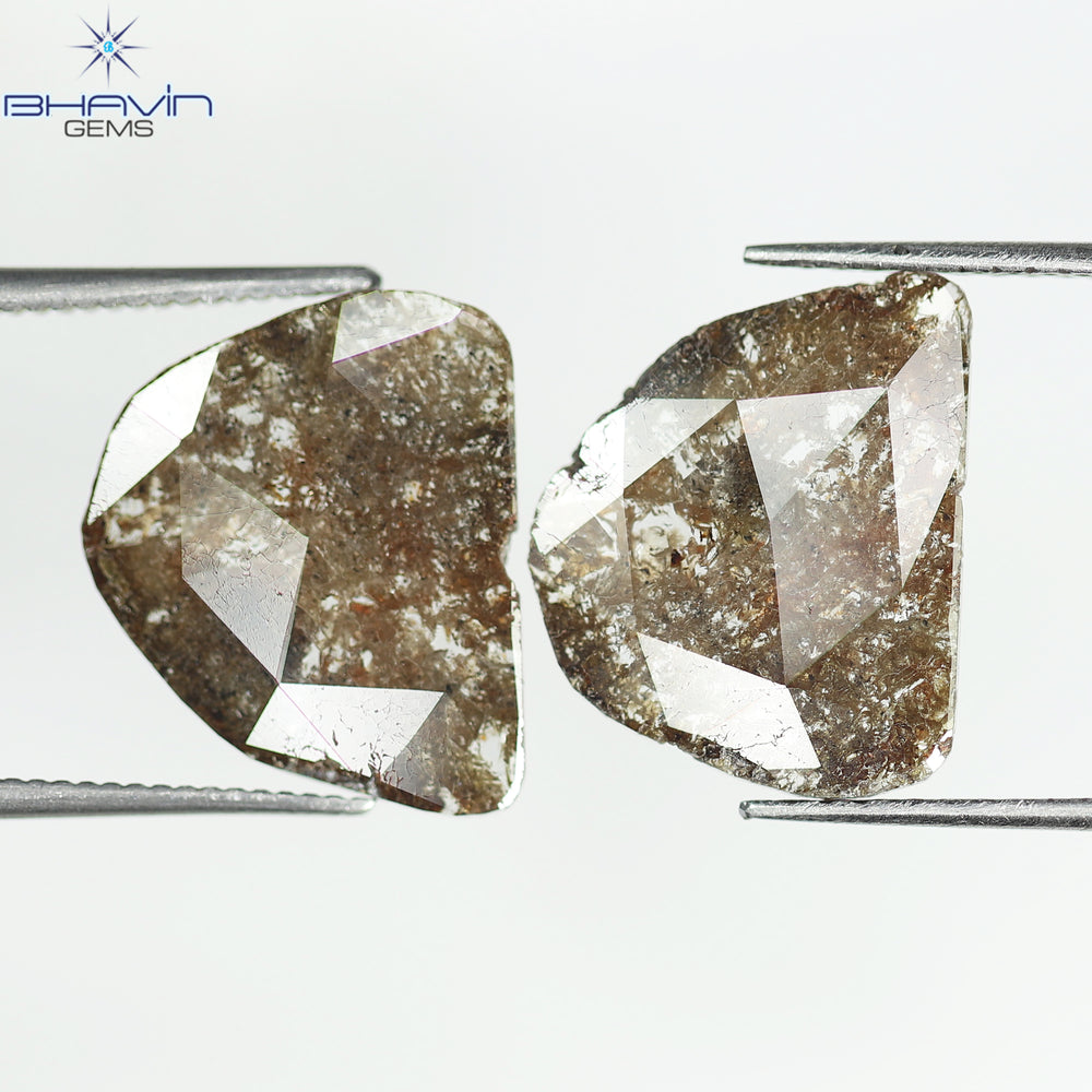 3.68 CT /2 PCS Uncut Slice Shape Natural Diamond Brown Color I3 Clarity (13.89 MM)