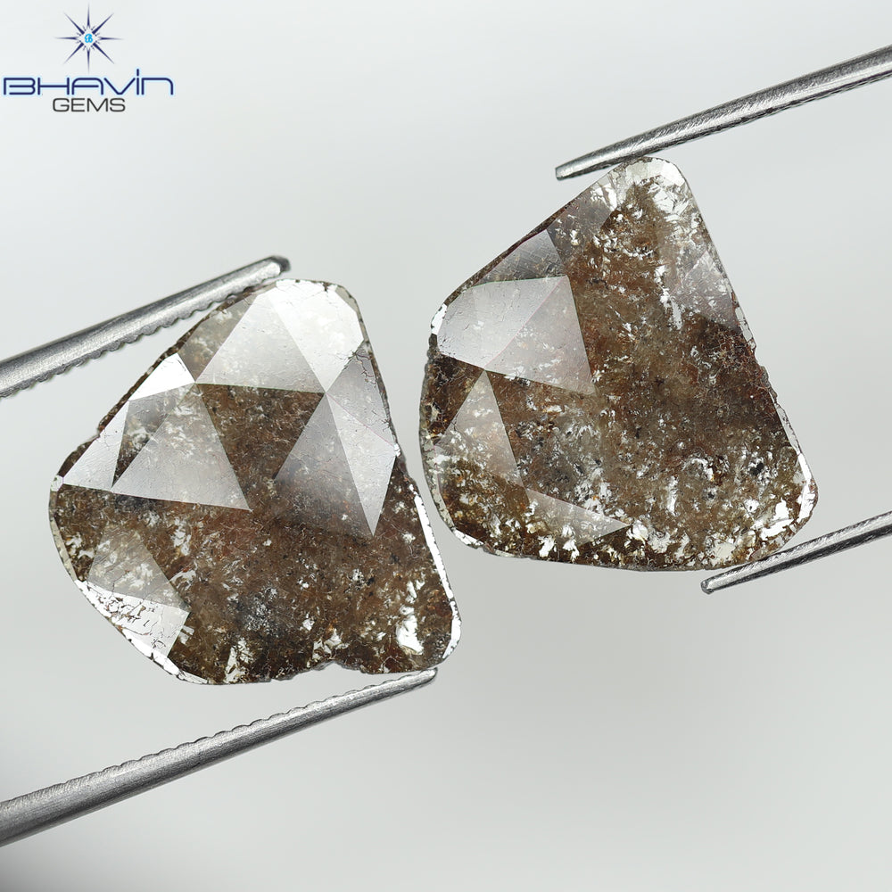 3.60 CT /2 PCS Uncut Slice Shape Natural Diamond Brown Color I3 Clarity (13.81 MM)