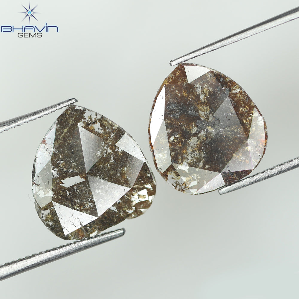 2.30 CT (2 個) ペアー スライス シェイプ ナチュラル ダイヤモンド ブラウン カラー I3 クラリティ (11.60 MM)