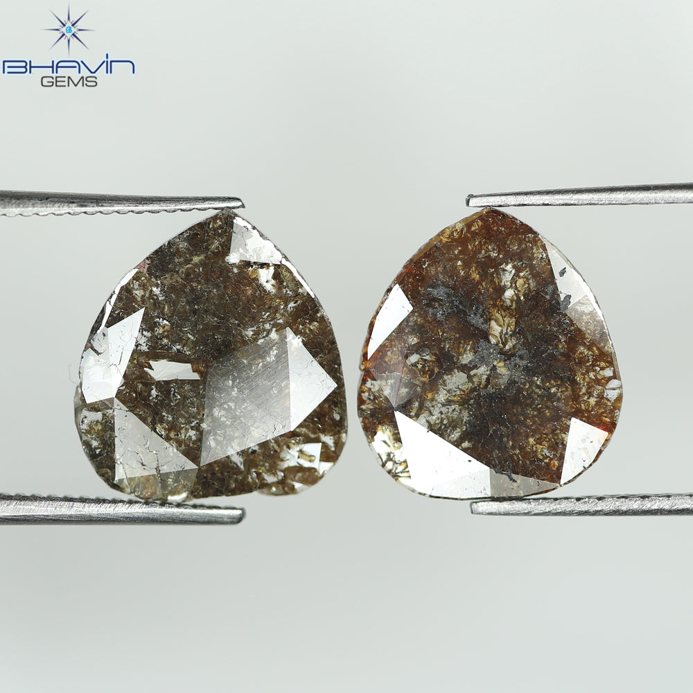 2.30 CT (2 個) ペアー スライス シェイプ ナチュラル ダイヤモンド ブラウン カラー I3 クラリティ (11.60 MM)