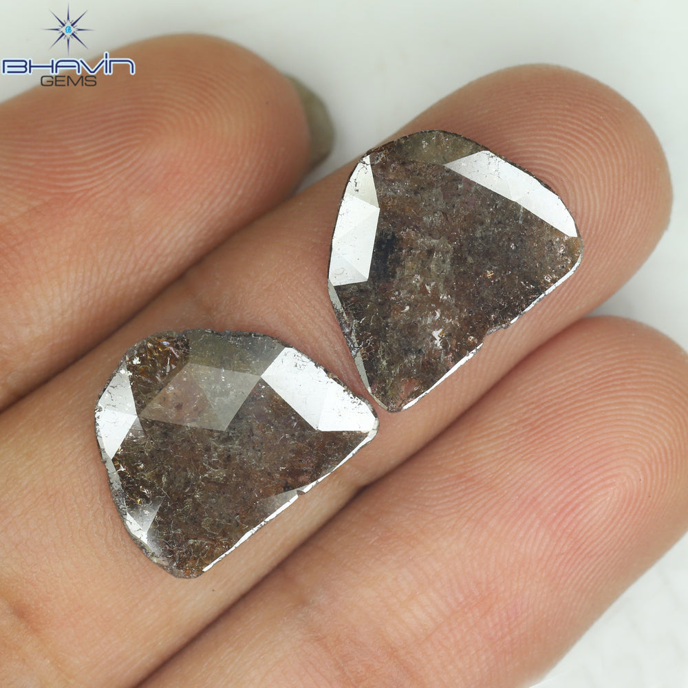 3.68 CT /2 PCS Uncut Slice Shape Natural Diamond Brown Color I3 Clarity (13.89 MM)