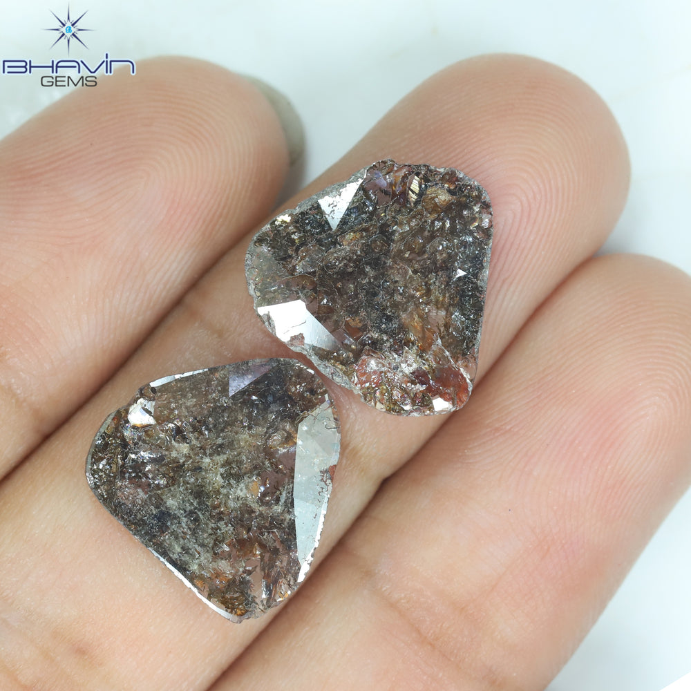 4.33 CT (2 Pcs) Uncut Slice Shape Natural Diamond Brown Color I3 Clarity (13.00 MM)