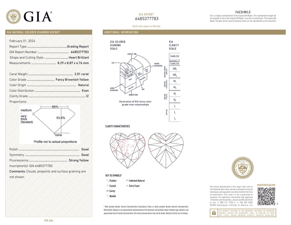 GIA Certified 2.01 CT Heart Diamond Brownish Yellow Color Natural Loose Diamond (8.29 MM)
