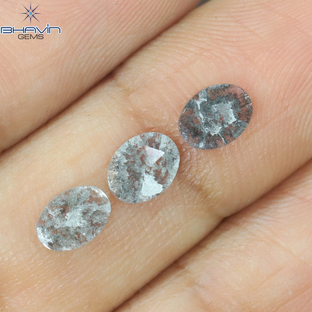 0.61 CT/3 Pcs Oval Slice Shape Natural Diamond Salt And Pepper Color I3 Clarity (5.85 MM)