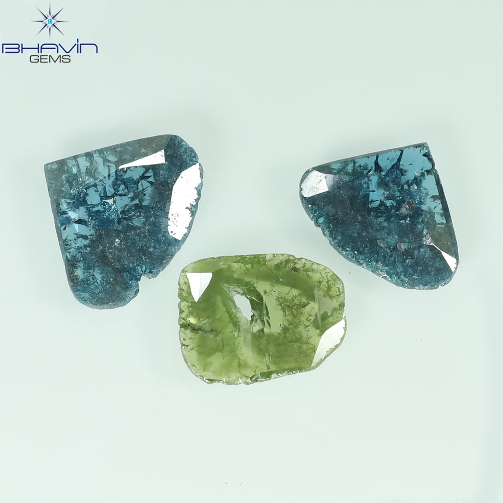1.38 CT/3 Pcs Slice Shape Natural Diamond Blue Green Color I3 Clarity (9.53 MM)