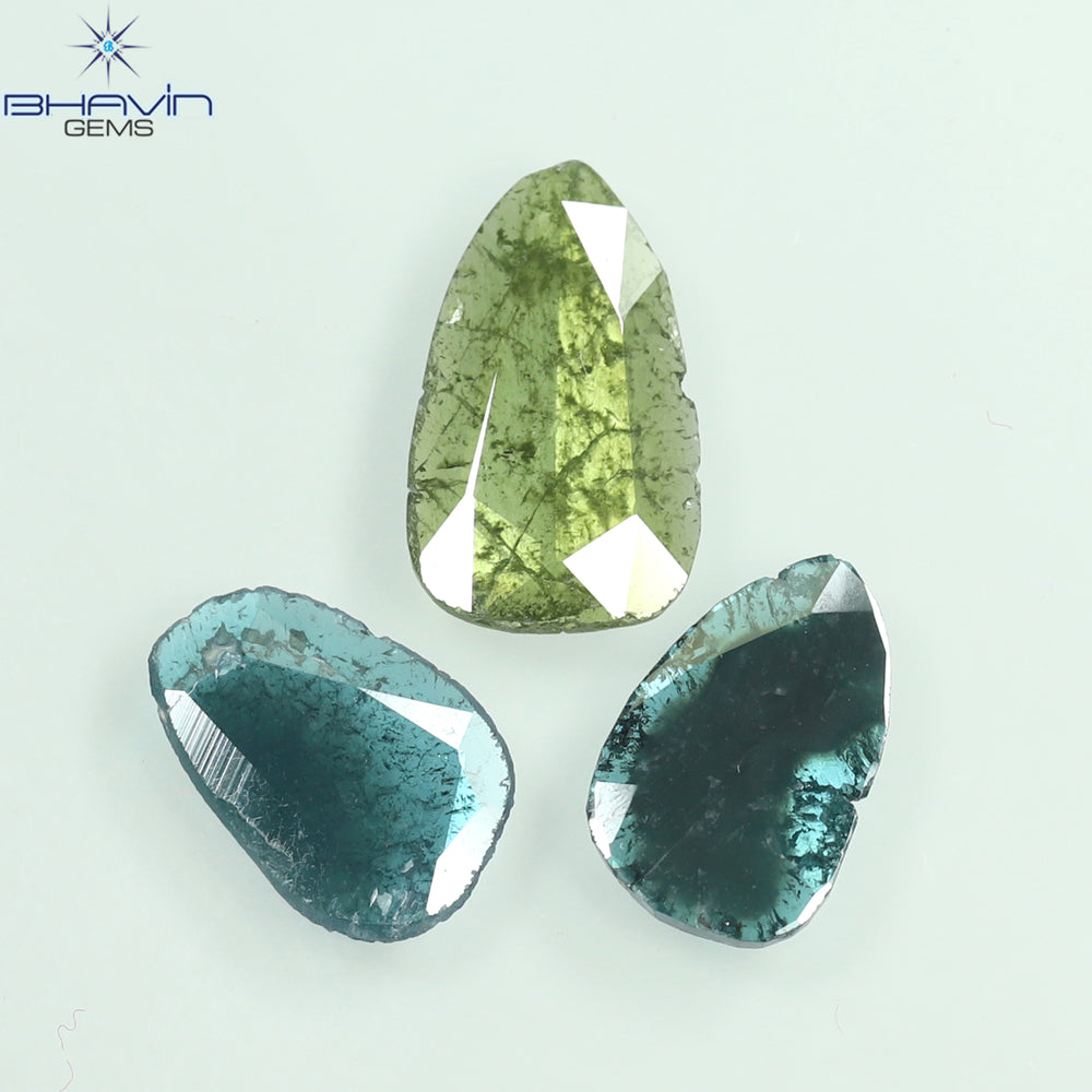 1.74 CT/3 Pcs Slice Shape Natural Diamond Blue Green Color I3 Clarity (11.31 MM)