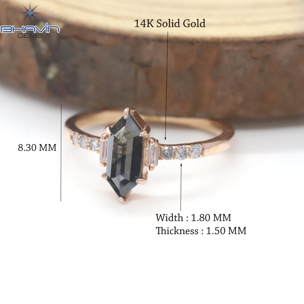 Hexagon Diamond Salt And Pepper Diamond Natural Diamond Ring Gold Ring Engagement Ring