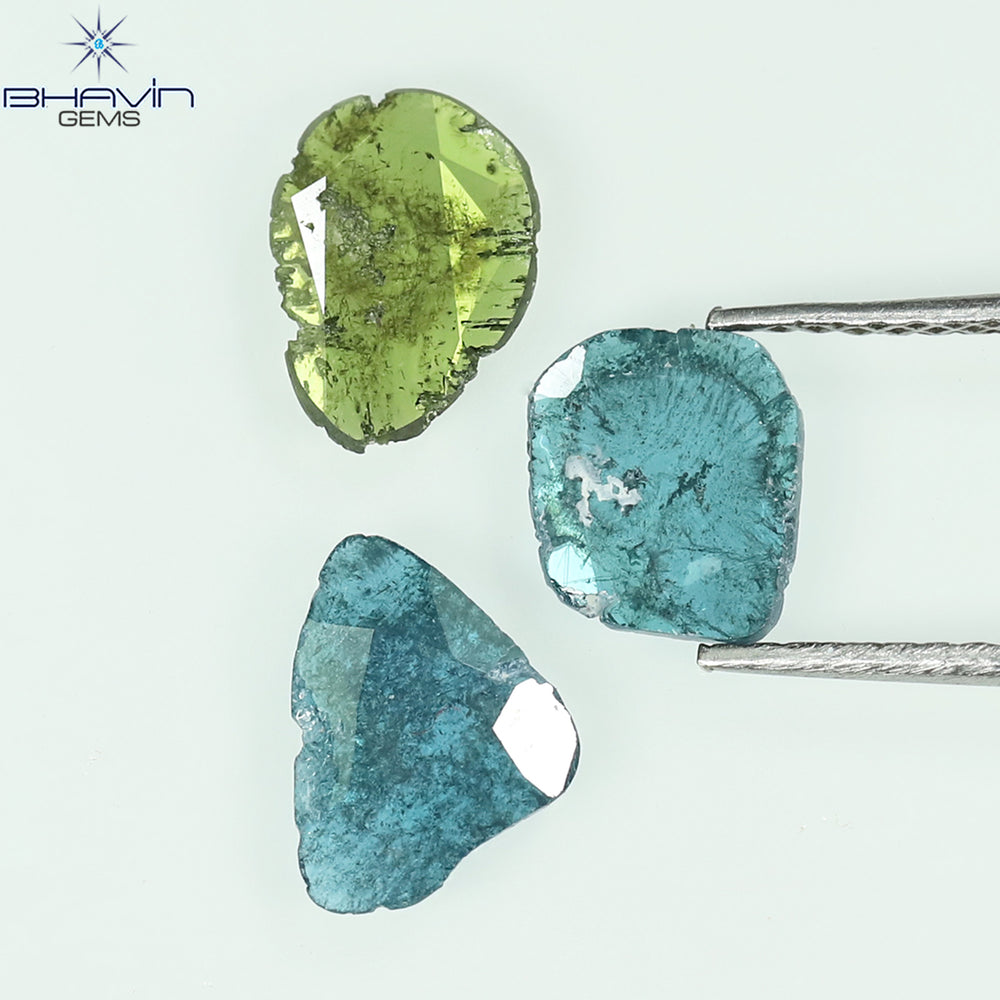 1.37 CT/3 Pcs Slice Shape Natural Diamond Blue Green Color I3 Clarity (8.84 MM)
