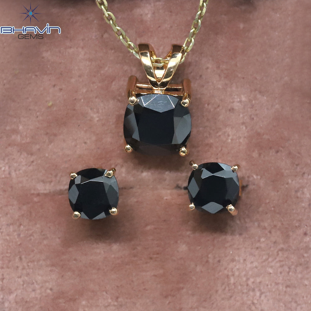 Cushion Diamond Black Natural Diamond Pendant-Earring Rose Gold Bridal Necklace