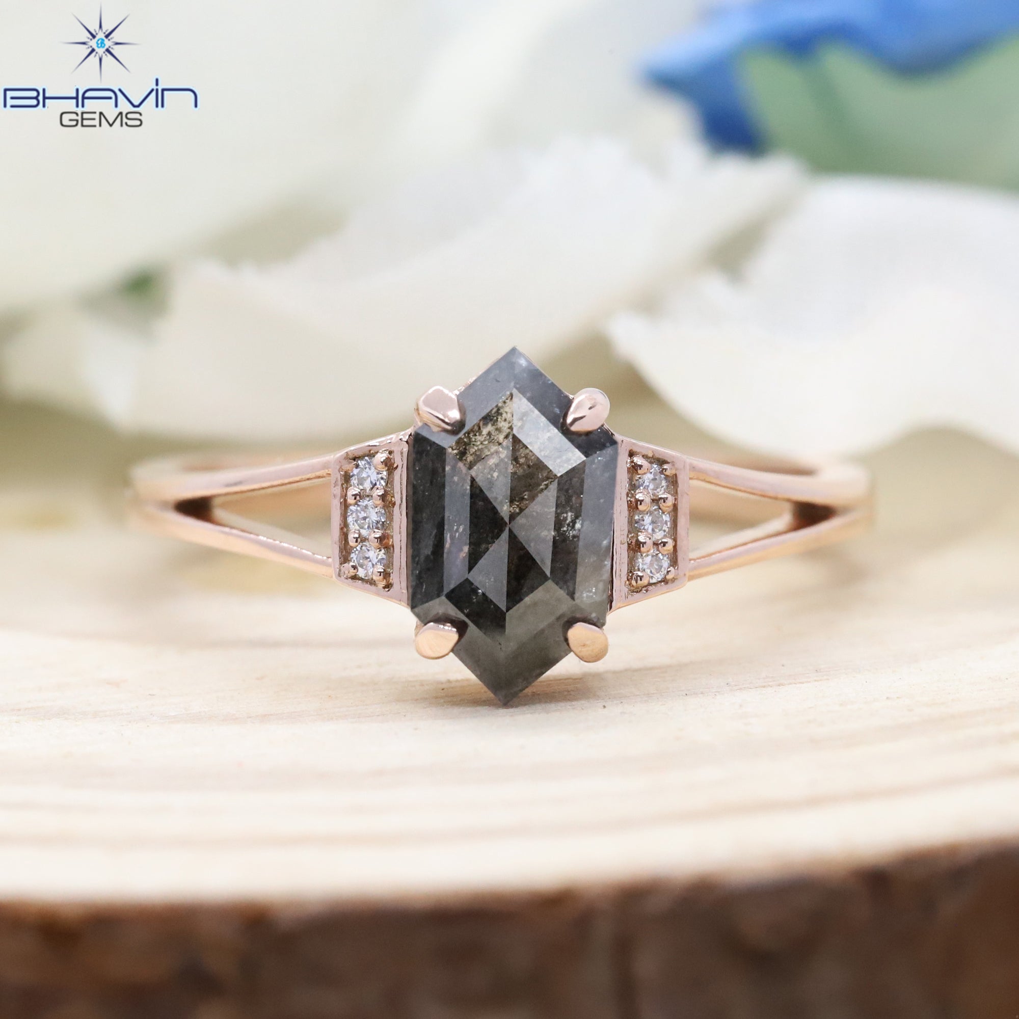 Hexagon Diamond Salt And Pepper Diamond Natural Diamond Ring Gold Ring Engagement Ring