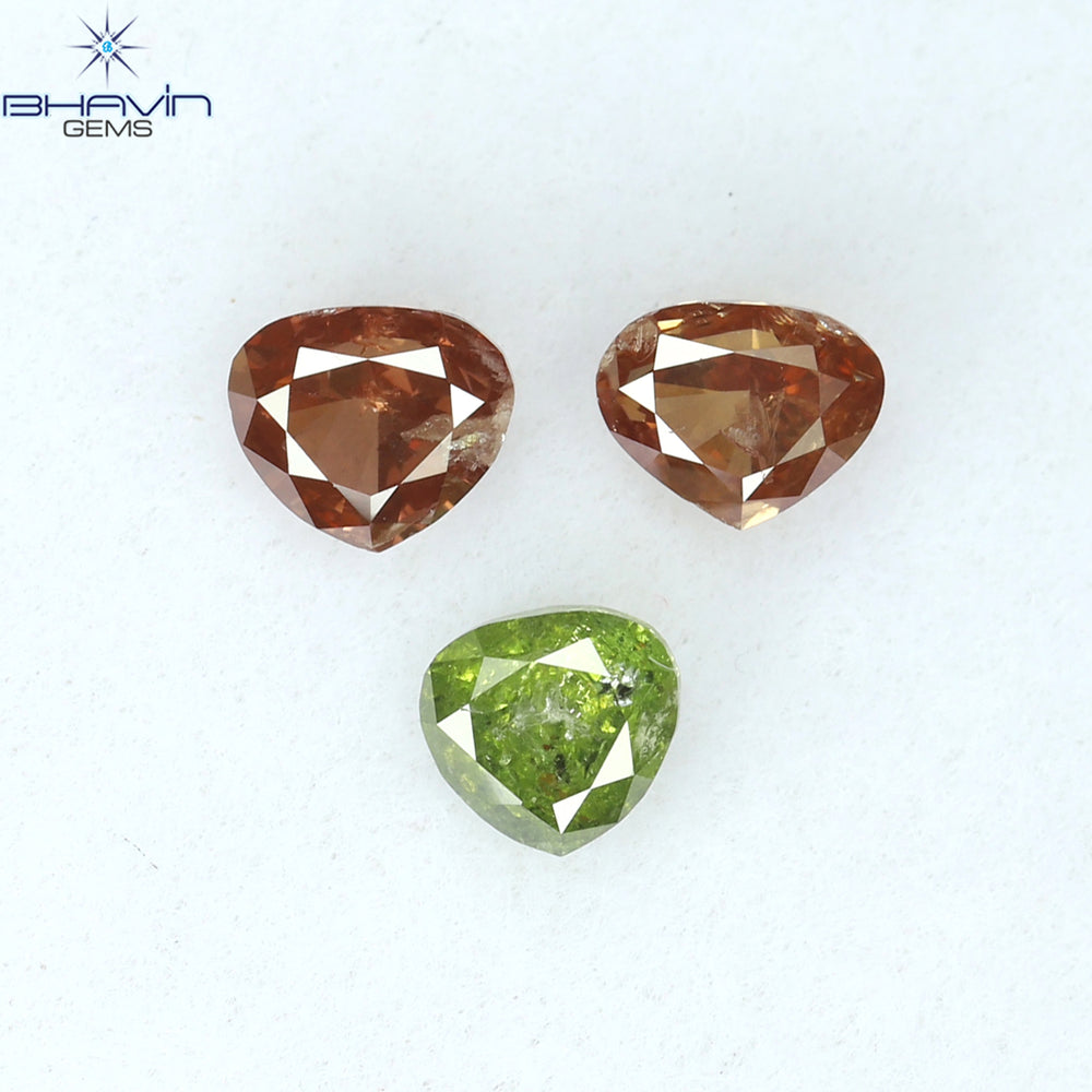 0.51 CT/3 ピース ハートシェイプ エンハンスト ピンク グリーン カラー ナチュラル ルース ダイヤモンド I1 クラリティ (3.20 MM)