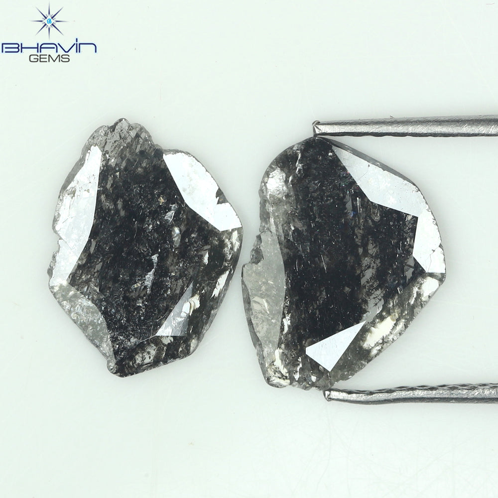 1.82 CT (2 Pcs) Slice Shape Natural Diamond Salt And Pepper Color I3 Clarity (11.18 MM)