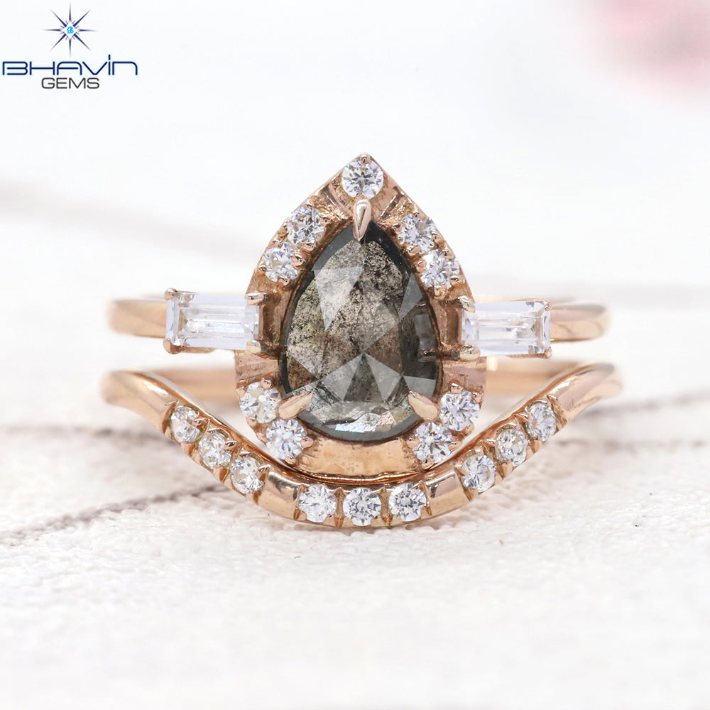 Pear Diamond Natural Diamond Ring Salt And Pepper Color Gold Ring Engagement Ring