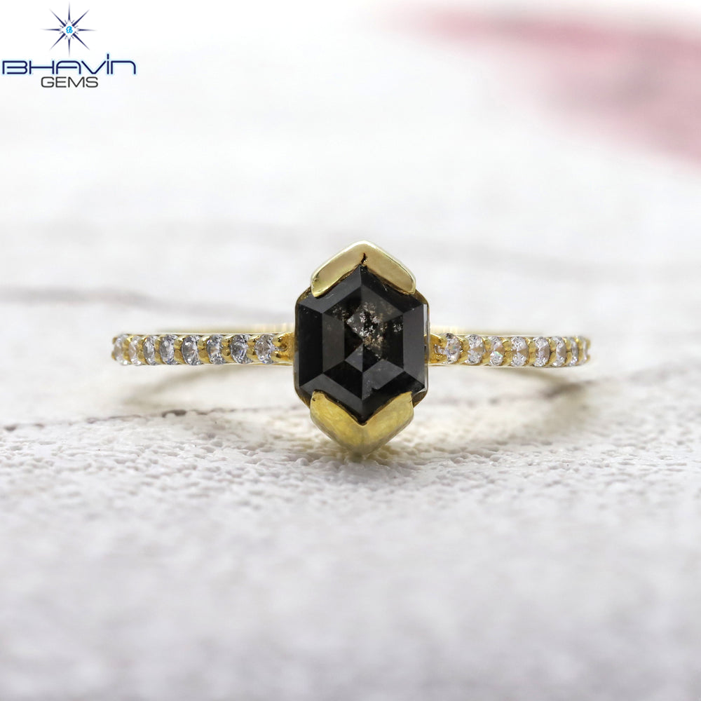 Hexagon Diamond Salt And Pepper Diamond Natural Diamond Ring Gold Ring Engagement Ring