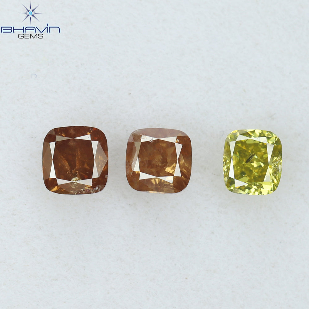0.65CT/3ピース クッションシェイプ 天然ダイヤモンド ピンク イエロー カラー SI2 クラリティ (3.18mm)