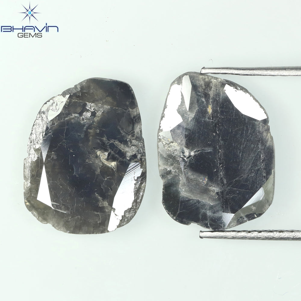 2.98 CT/2 PCS Slice Shape Natural Diamond Black Gray Color I3 Clarity (13.10 MM)