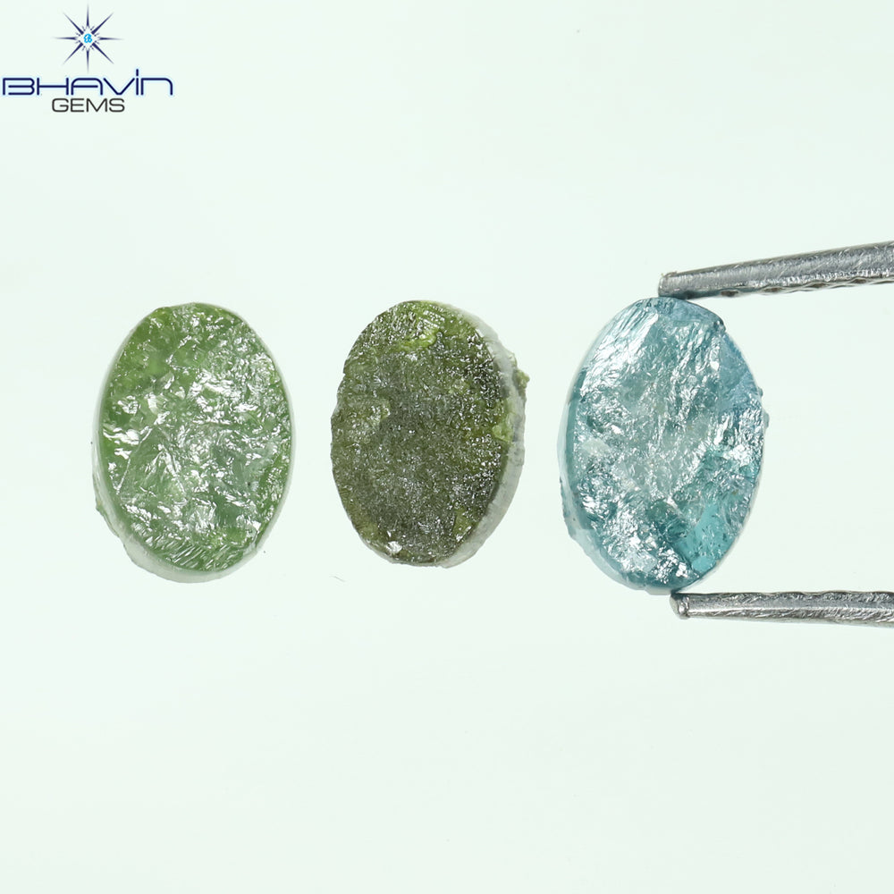 1.40 CT/3 Pcs Oval Rough Shape Blue Green Color Natural Loose Diamond I3 Clarity (6.15 MM)